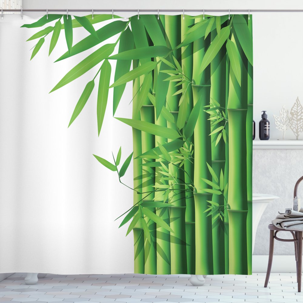 Bamboo Shower Curtain, Modern Image of Fresh Bamboo Stems Leaves with