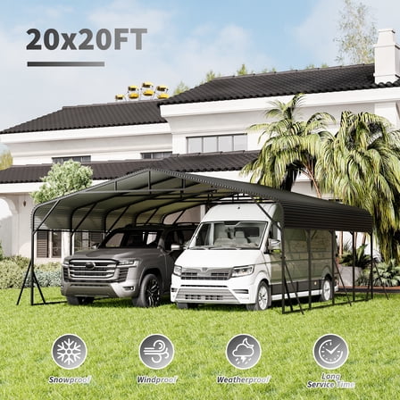 20 x 20 FT Heavy Duty Metal Carport, Galvanized Steel Roof Double Car Garage Shelter, All-Weather Vehicle Protection for Cars, Boats & RVs, 2-Car Extra Large Outdoor Canopy & Party Tent, Black