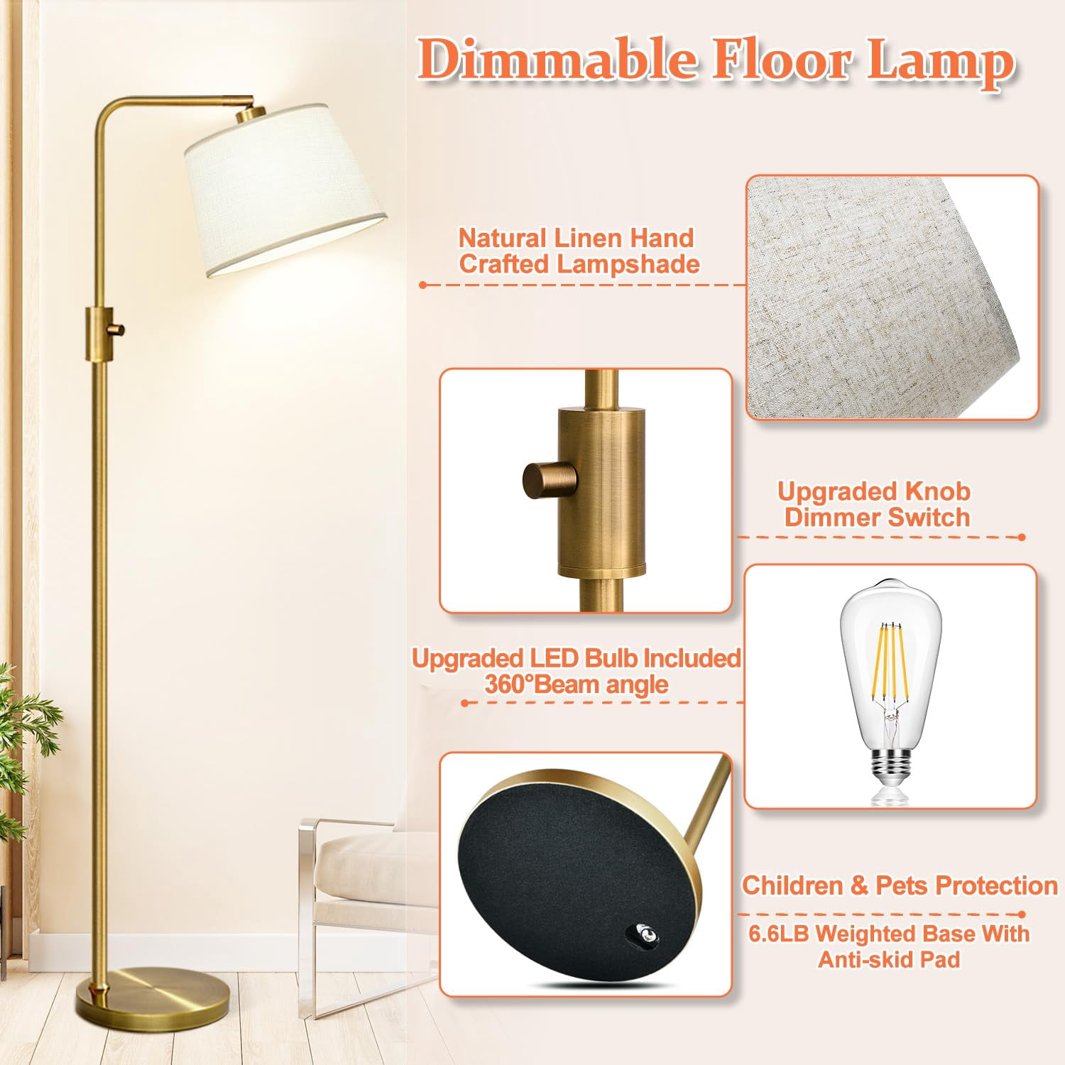 Dimmable Floor Lamp, 1000 Lumens LED Edison Bulb Included, Arc Floor Lamps for Living Room Modern Standing Lamp with Linen Shade, Tall Lamp for Bedroom Office Dining Room- Black