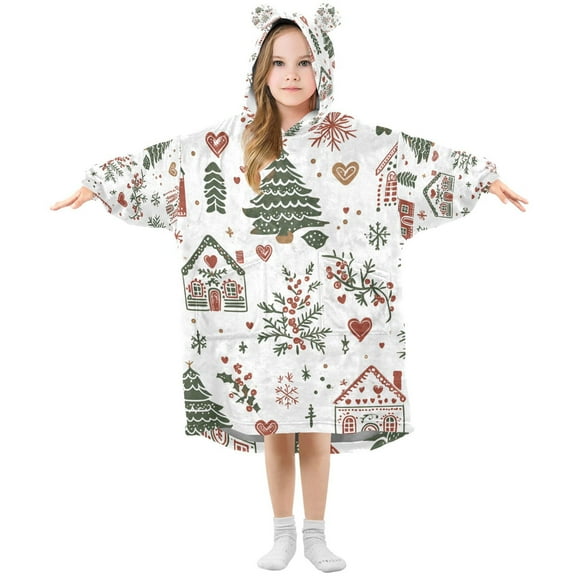 FORMRS Wearable Blanket Hoodie with Sleeves for Kids Cozy Flannel Sweatshirt, White Nordic Christmas House