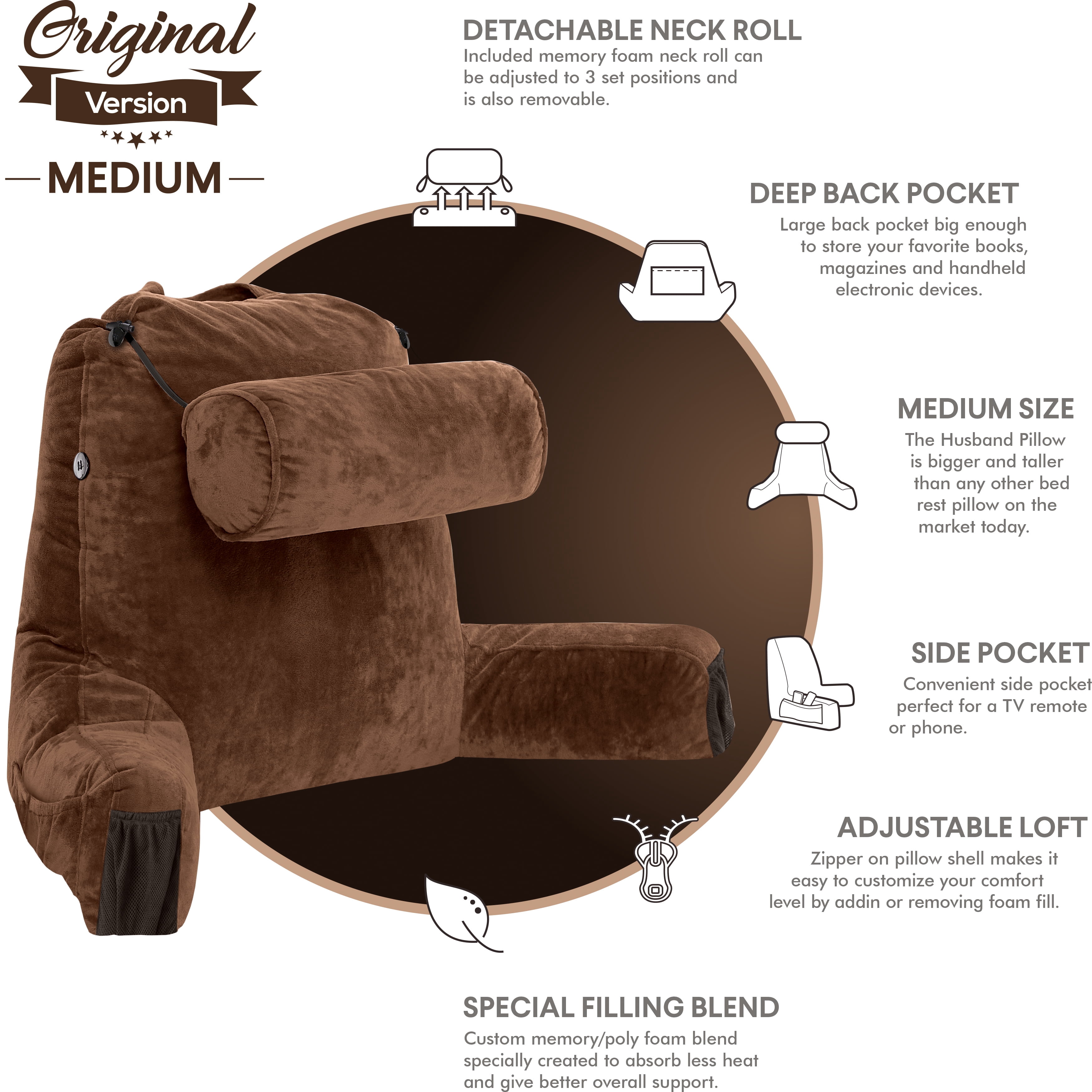 Husband Pillow Medium Chocolate Brown, Backrest - Detach Neck Roll, Removable Cover