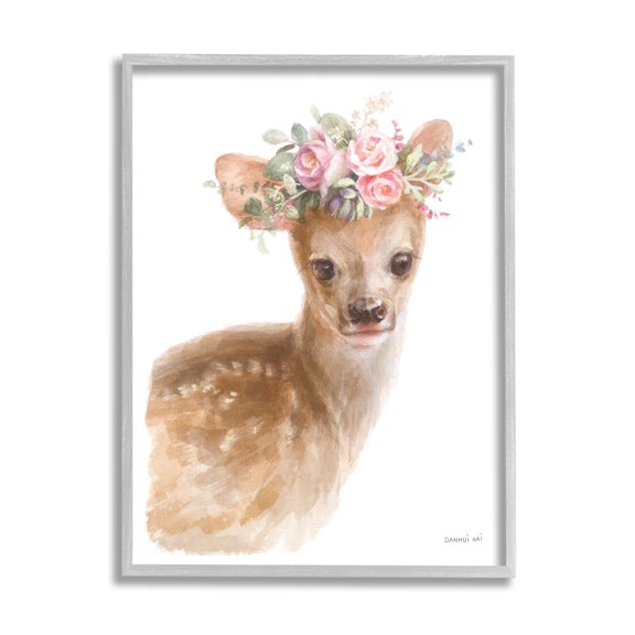 Stupell Industries Young Deer Pink Rose Floral Crown Woodland Animal, 11 x 14, Design by Danhui Nai