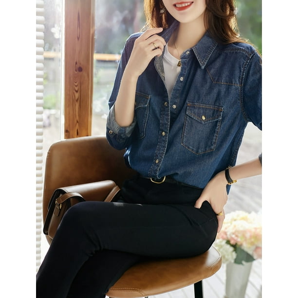 Mujer Blusa Vaquera Oversize Para Mujer Manga Larga Y Estilo