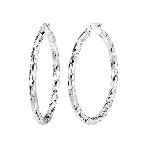 Fashion Rhodium Plated 43mm Diamond Cut Click-Top Hoop Earring