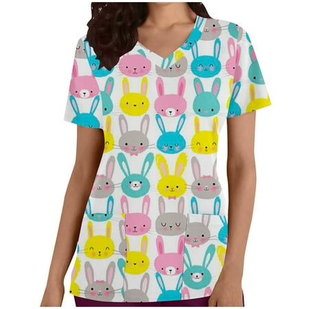

JWZUY Womens Fashion Rabbit Print Top and Scrub Tops V Neck Short Sleeve Shirts Medical Scrub Working Uniform Tunic Tees White XXL