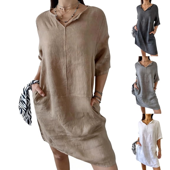 Mifsaly Cotton Linen Dress Women Short Sleeve Lightweight Flowy Womens Summer Dresses Comfortable Breathable Work Vacation Sundress with Pockets M