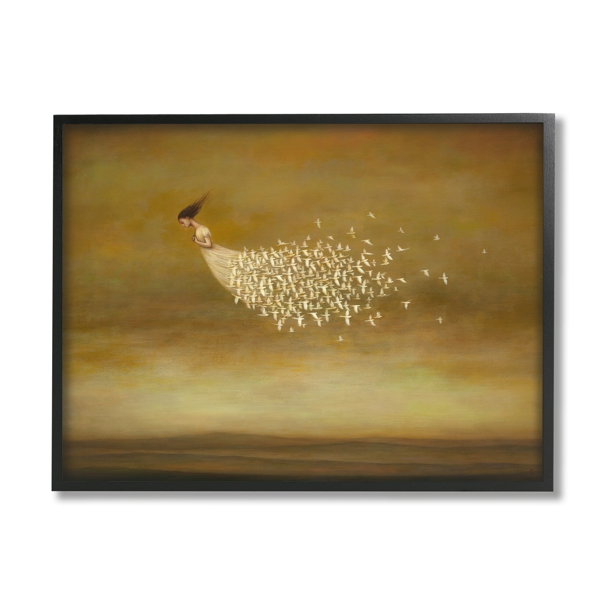 Stupell Industries Elegant Woman Flying Doves Birds Dress Ochre Sky Framed Wall Art, 20 x 16, Design by Duy Huynh