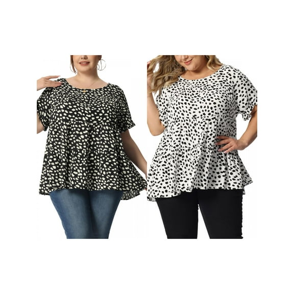 NOMADIC NOOK Women's Plus Size 2 Pieces Polka Dots Blouses Summer Round Neck Ruffle Sleeve Casual Tiered Peplum Tops 1X Black/White