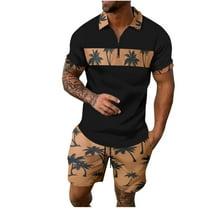 USNSM Men's Gradient Color Printed Short Sleeve Shorts Two Piece Athletic Casual Suit Loose Comfort Breathable Lapel Suit Brown XXXL
