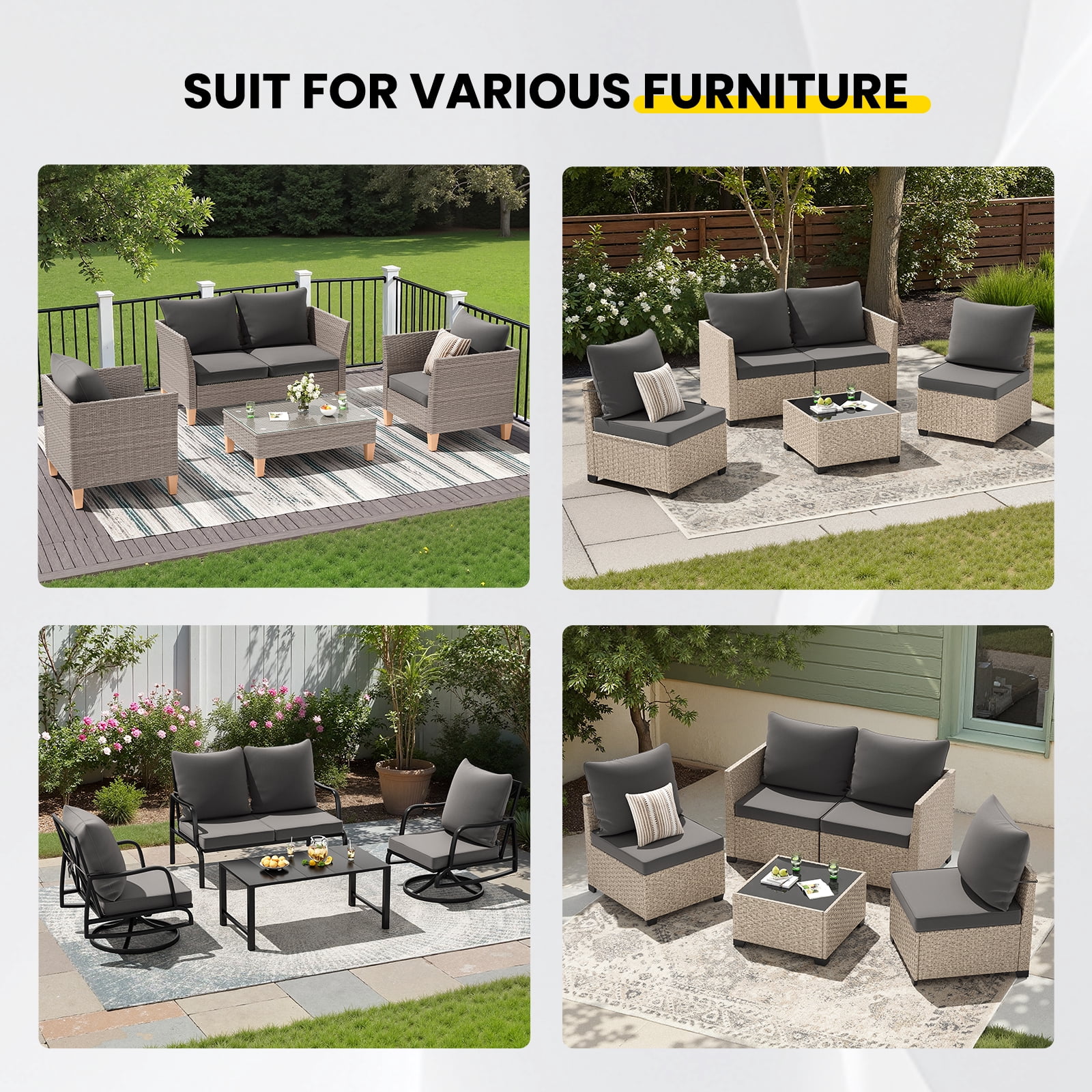 STARY Outdoor Deep Seat Cushions for Patio Furniture, 24"x24" Replacement Sectional Cushions for Outdoor Sofa, Armchair, 4 Pieces, Grey