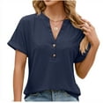 thumbnail image 2 of Wycnly Summer Tops for Women Summer Tops for Women Breathable Comfy Roll Sleeve Button up Blouses Casual Solid Shirt Ladies V-Neck Short Sleeve Tunic Top, 2 of 7