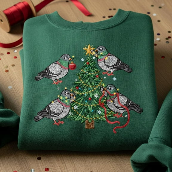 Embroidered Pigeons Christmas Tree Sweatshirt, Ugly Sweater Bird Crewneck, Holiday Decorating Animal Embroidery, Pigeon Gift