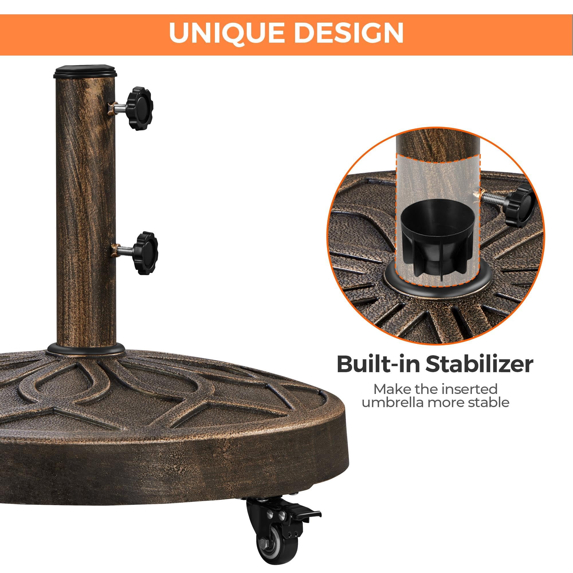 Heavy Duty Round Umbrella Base with Lockable Wheels, 20 Inch Market Patio Umbrella Stand for Garden, Yard, Outdoor, Fits Standard 1.5 to 1.9 Inch Poles, Bronze
