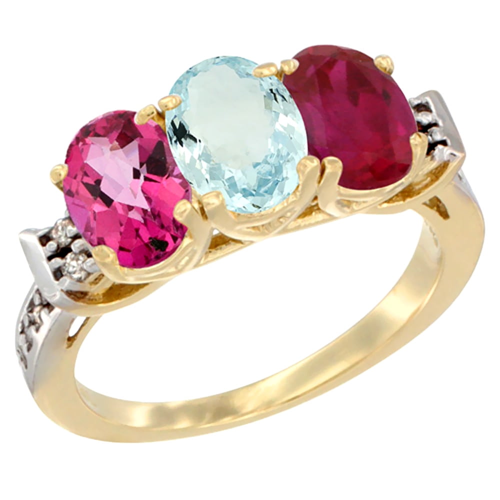 10K Yellow Gold Natural Pink Topaz, Aquamarine & Enhanced Ruby Ring 3-Stone Oval 7x5 mm Diamond Accent, sizes 5 10 by WorldJewels