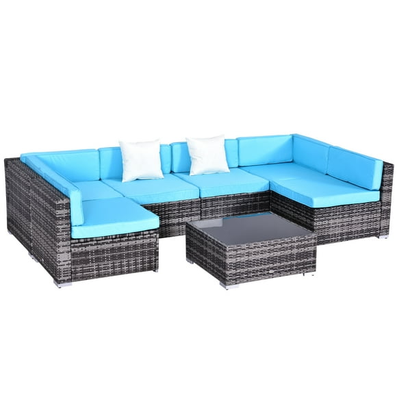 Outsunny 7 Piece Patio Furniture Set, PE Rattan Outdoor Conversation Set with Sectional Sofa, Glass Tabletop, Cushions and Pillows for Garden, Lawn, Deck, Mixed Grey and Sky Blue