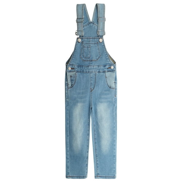 Overoles de Mezclilla Para Niñas, Cintura Elástica Interior, Lavado, Elástico,KIDSCOOL SPACE, Azul Claro, 13-14 Años