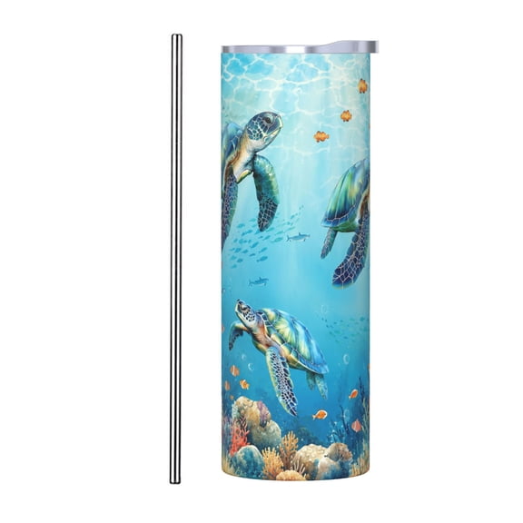20oz Sea Turtle Ocean Coral Reef Insulated Tumbler with Handle and Straw Travel Cup Car Cup with Stainless Steel Straw