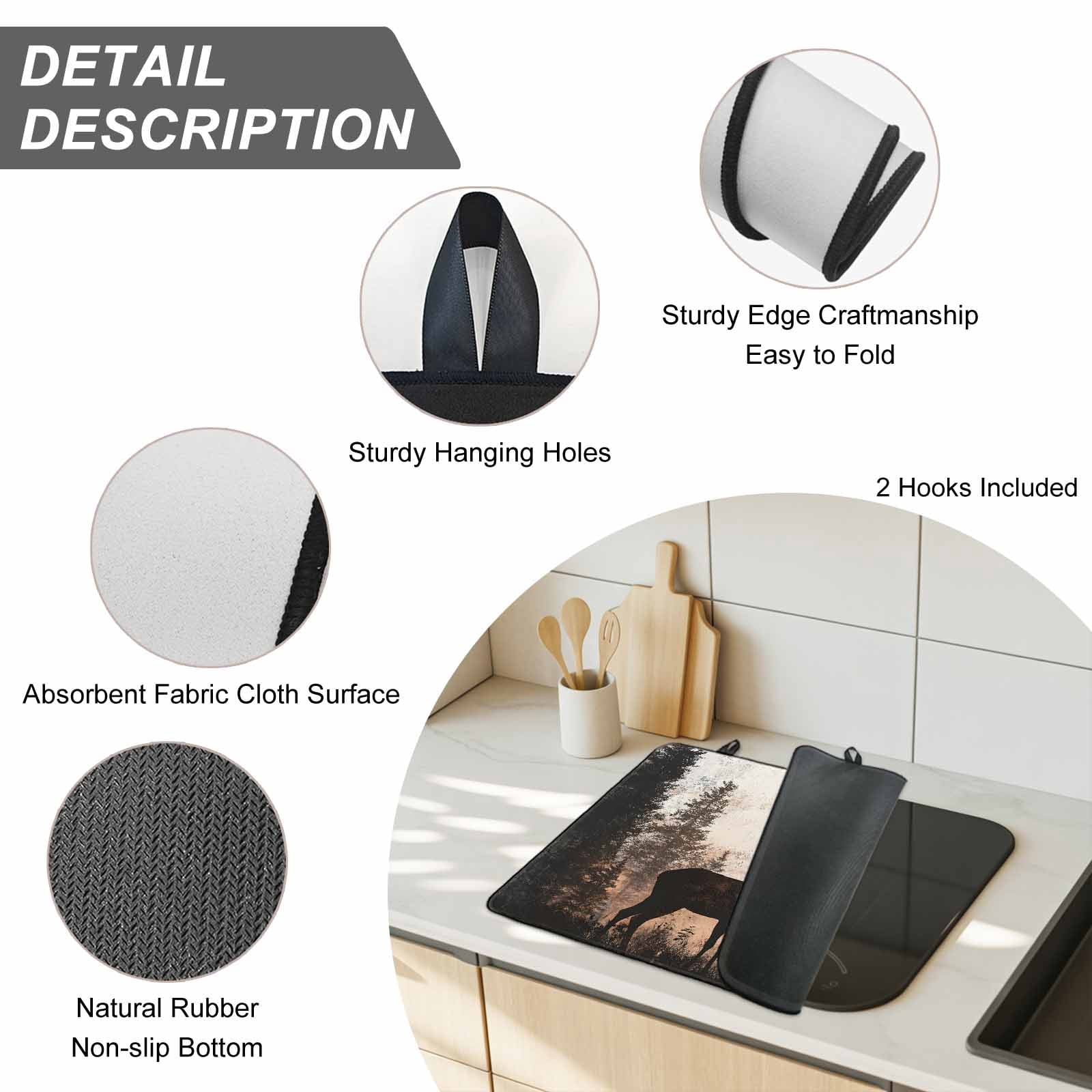 Forest Tree Elk Stove Top Cover for Electric Stove, Heat-proof & Non Slip Glass Top Stove Cover Protector, Vintage Black Deer Animal Wild Plant Kitchen Flat Cooktop Rubber Mat 24x21 Inches