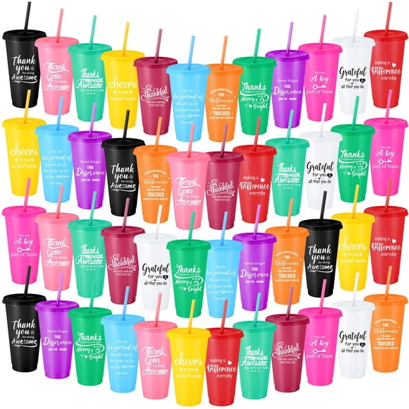 Vaso Skylety Thank You Gift de 700 ml con tapa y pajita, 48 unidades