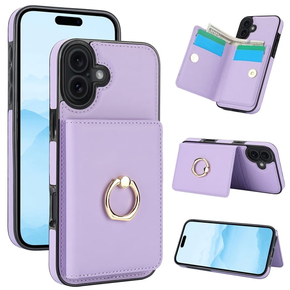 For iPhone 16 Plus Case Wallet Card Holder,Premium PU Leather Back Flip Kickstand Folio Case,RFID Blocking Ring Holder Shockproof Magnetic Women Men For iPhone 16 Plus,Violet