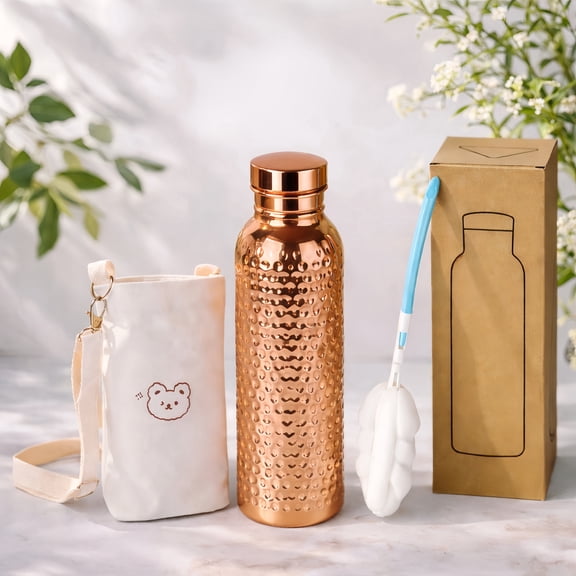 Copper Water Bottle 27 oz (800ml), Leak-Proof Sports Water Bottle with Adjustable Carry Bag and Bottle Brush, Large Capacity Copper Bottle for Water, Tea, Juice and More, Cooper Water Bottles