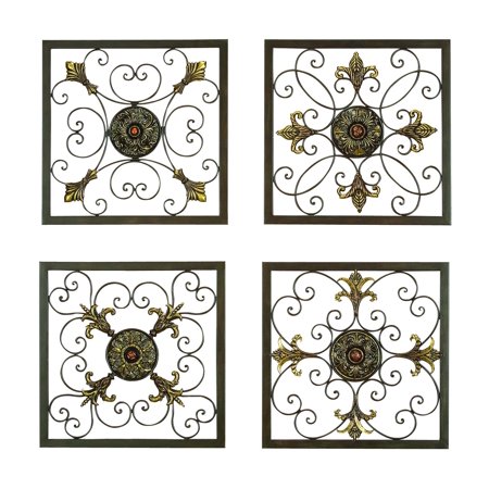 Williamsburg Bronze Plaque (Decmode Set of Four - 16 Inch Traditional Iron Framed Scrollwork and Medallions Square Wall Plaques,)