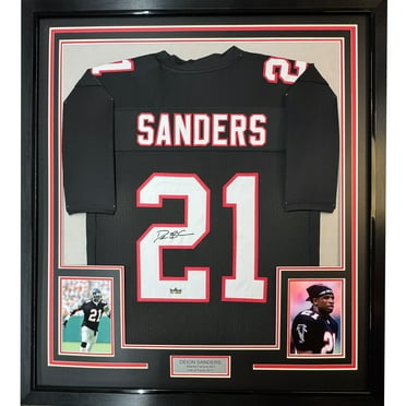 Framed Facsimile Autographed Deion Sanders 35x39 Atlanta Black Reprint Laser Auto Football Jersey