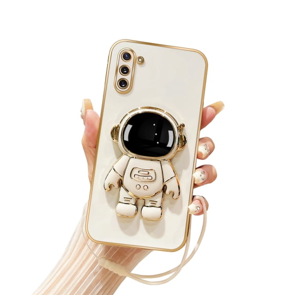 Annyojo for Galaxy Note 10 Phone Case with 6D Astronaut Hidden Stand Holder Case Cover for Samsung Galaxy Note 10 with Lanyard Strap Soft Silicone Shockproof Kickstand Cover Bumper - White
