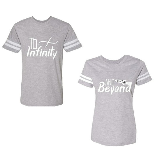 To Infinity & Beyond Unisex Couple Matching Cotton Jersey style T-Shirt Contrasting stripes on sleeves (Men Heather / Women Heather) (Men L / Women XL)
