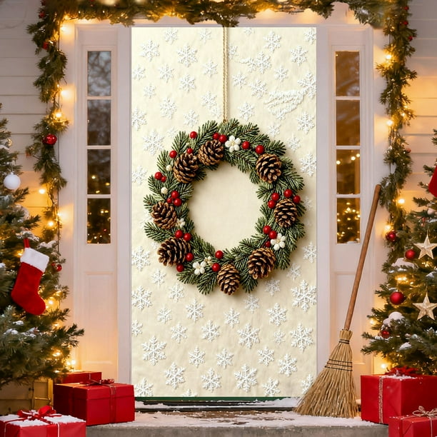 Cubierta navideña para puerta | Cortina navideña con bordado estereoscópico para decoración de pared y mesa | Decoración festiva para fiestas en el hogar y uso interior