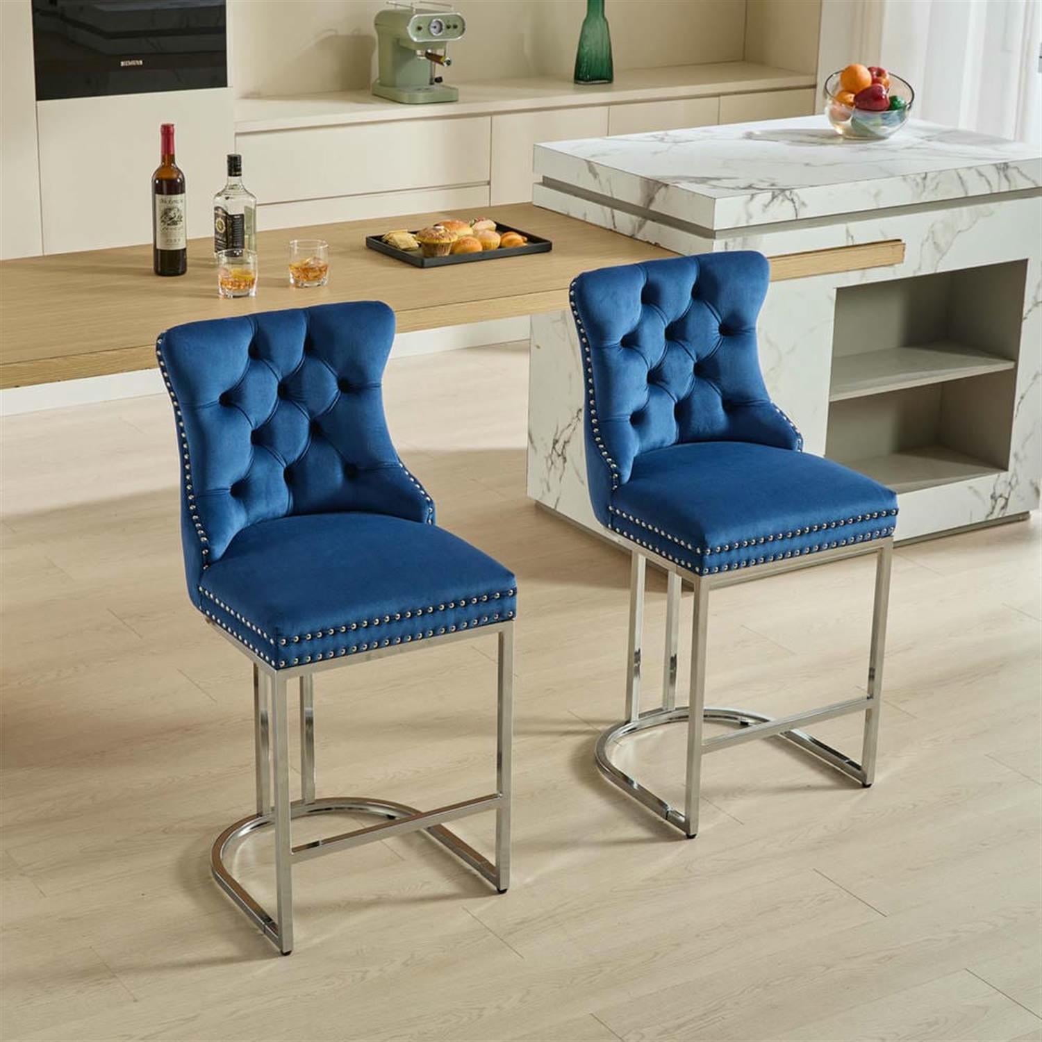 Demi Bonn 38" Counter Height Bar Stools Set of 2, Velvet Barstools with Button Back, Kitchen Island Countertop Chairs for Dining Room, Blue