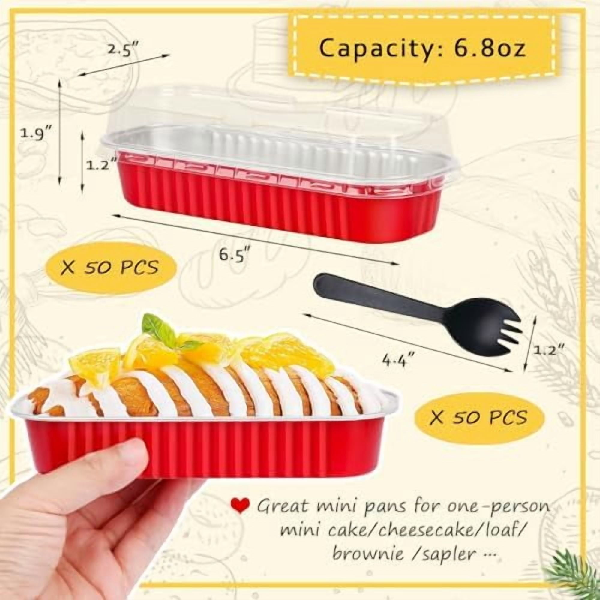 Mini Baking Pans With Lids 50 Pack, 6.8oz Aluminum Foil Small Loaf Pans Tins Holders,Rectangle Baking Cups Muffin Tins,Disposable Ramekins Muffin Cups For Mini Cake Bread -Red