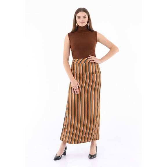 Women's Striped Mustard Maxi Pencil Skirt with White Thin Plisse Slit