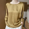 thumbnail image 4 of SSZMDLB Women Silk Satin Long Sleeve Tshirt Round Neck Flowy Casual Basic Blouse Travel Vacation Outfits Summer Tops, Gold L, 4 of 7
