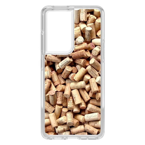 DistinctInk Clear Shockproof Hybrid Case for Galaxy S21 ULTRA 5G (6.8" Screen) - TPU Bumper, Acrylic Back, Tempered Glass Screen Protector - Wine Corks Image Print - Printed Cork Image