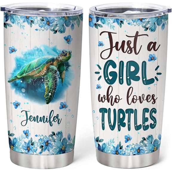 Personalized Gifts For Sea Turtle Lover - Just A Girl Who Loves Sea Turtle Custom Name Stainless Steel Tumbler 20oz With Lid - Idea Ocean Animal Lover Gifts For Women Girl On Birthday