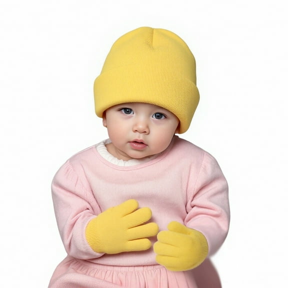 lnmuld Cozy Solid Color Knit Winter Hat and Gloves Set for Kids - Lined Windproof Toddler & Mittens for Boys Girls Outdoor Activities Size:2-8 Years