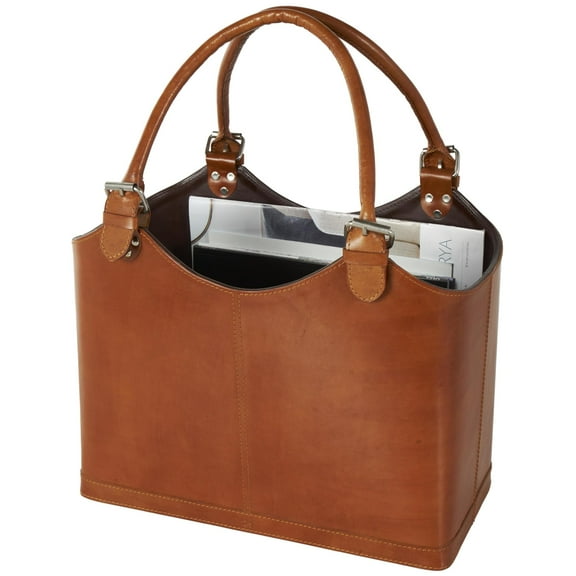 DecMode 20" Brown Leather Handmade Box Style Magazine Holder with Detail Stitching and Curved Buckle Handles