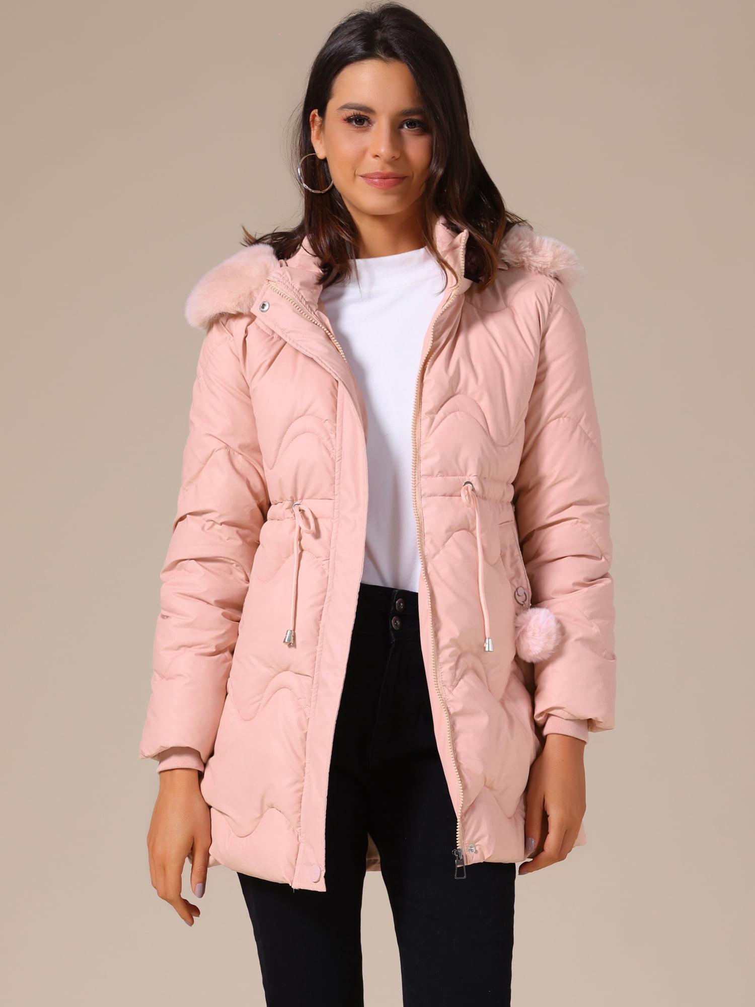 DARING DIVA Women's Drawstring Waist Removable Hooded Parka Jacket M Pink