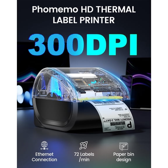 D530Pro Ethernet Thermal Label Printer 4x6, Bluetooth Shipping Label Printer for Small Business Home Office 300DPI Wireless Support USB
