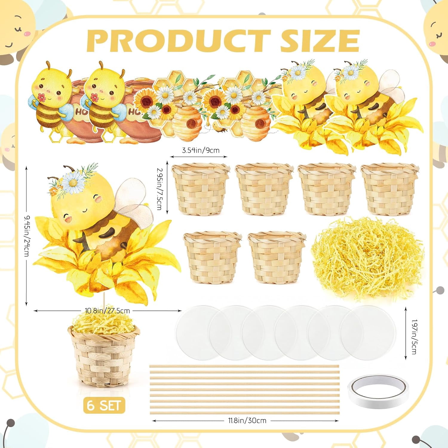 6 Set Bee Bumble Honeycomb Baby Shower TableCenterpieces Decortion with Bamboo Basket A Little Bee Is On The Way Welcome Oh Baby Boy Girl Gender Reveal Party Birthday Nursery Cake Toppers Tiered Tray