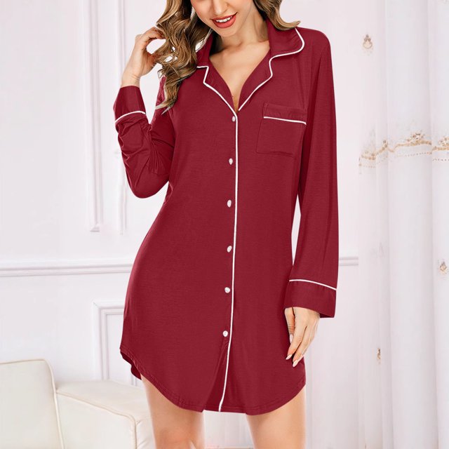Camisón largo para mujer, con botones, bolsillo y solapa, holgado, para estar en casa, falda de poliéster