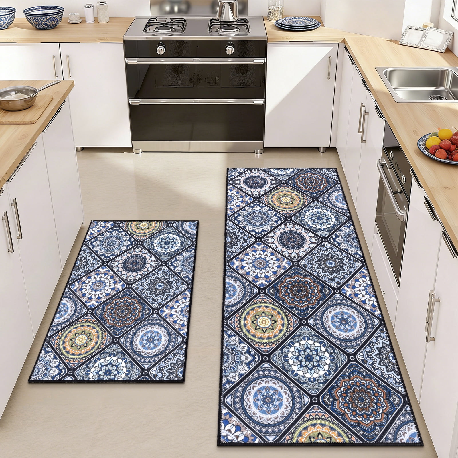 Findosom 2pc Boho Kitchen Rugs and Mats Set, Non Slip Washable Kitchen Runner Rug for Kitchen Floor, Farmhouse Kitchen Decor, Hallway, Entryway, Laundry Room,20"x32"+20"x47" Blue