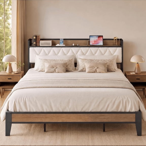 California King Bed Frame with Charging Storage Headboard | Upholstered Tufted Headboard & Charging Station, Heavy Duty Slat Support, Noise Free, No Box Spring Needed