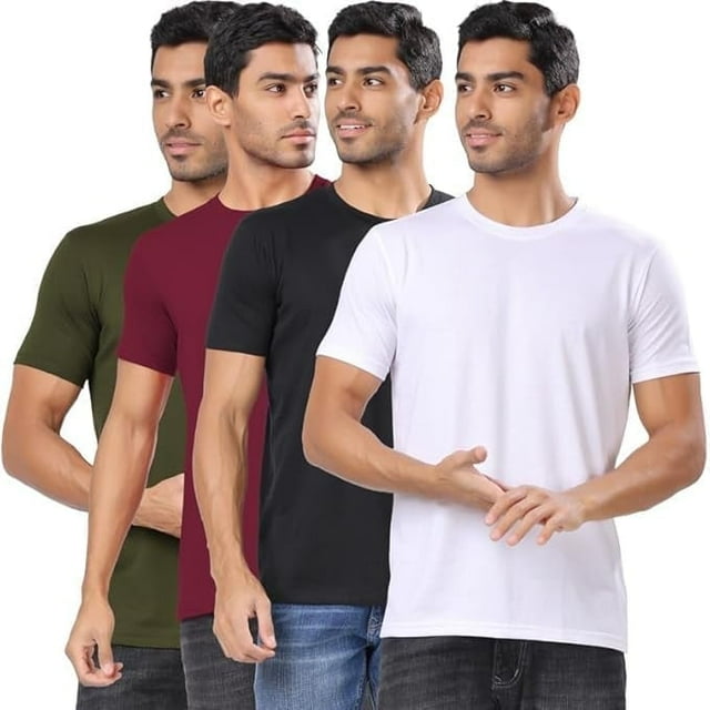 London Hills T-Shirts à Col Rond pour Hommes – Lot de 4 T-Shirts Unis en Mélange de Coton / Coupe Régulière, Manches Mi-Longues, Multicolore / Basiques Doux et Respirants pour le Quotidien