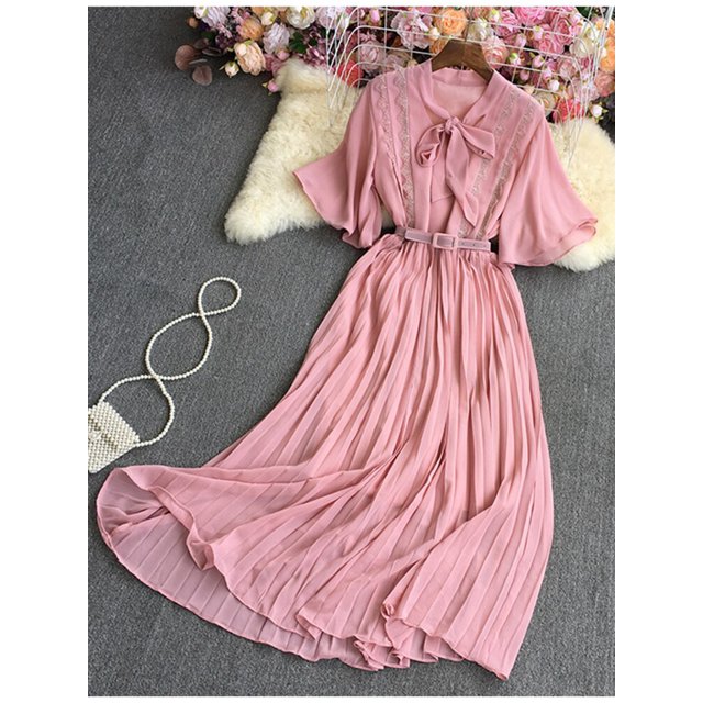 One SizeAutumn Summer Women Leisure Time Fold Temperament Pleated Solid Color Printed Strap Short Sleeve Dress Vestidos D2494 yaoshenbao LED