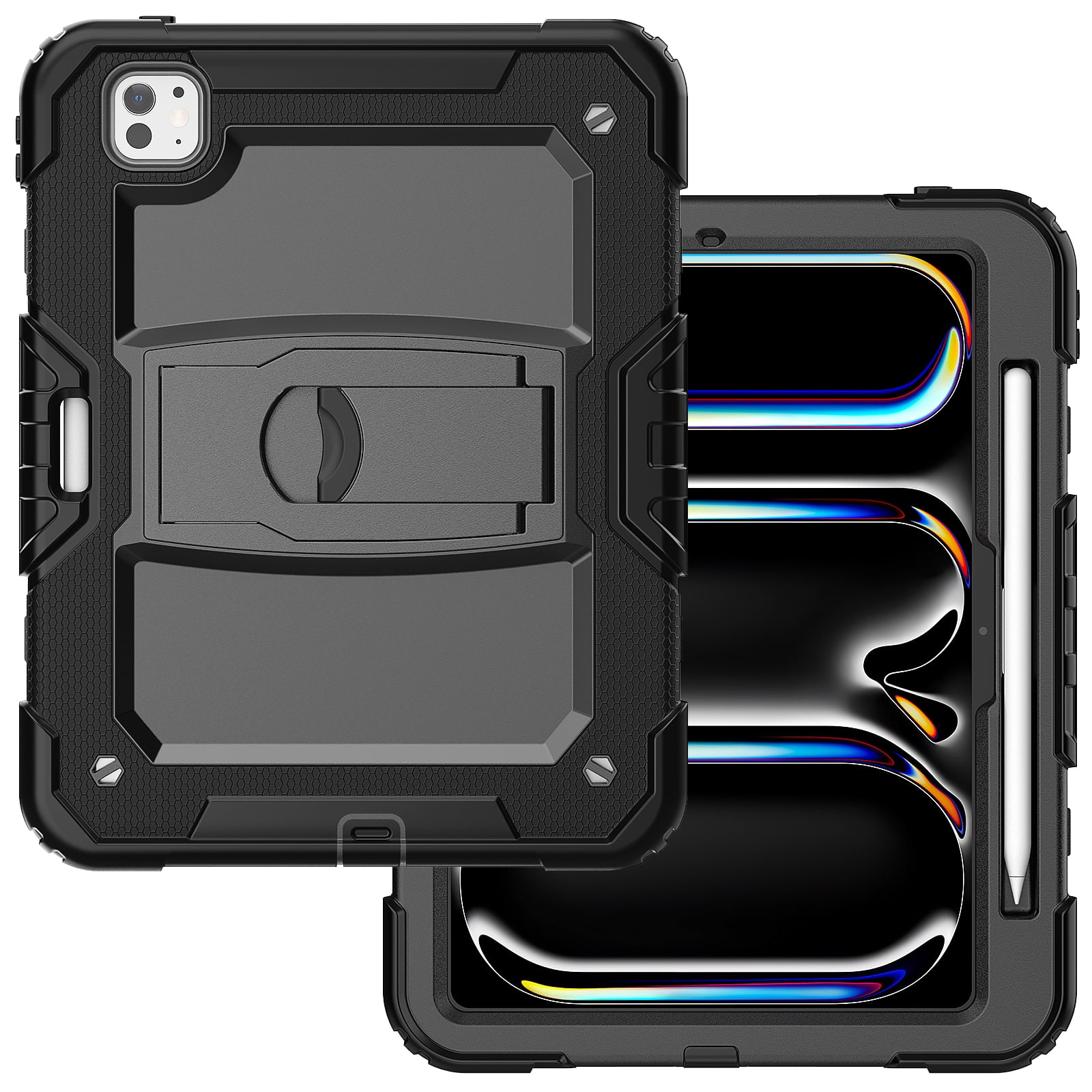 Rugged Case For Apple iPad Pro 11 (2024) – 3-Layer Protection Shockproof Stand Cover with Screen Protector, Adjustable Stand, Shoulder Strap, & Pencil Holder -- Black
