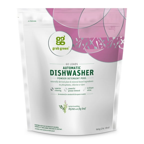 Grab Green Automatic Dishwashing Detergent Pods, Thyme with Fig Leaf Scent, Grease Removal, 60-Count
