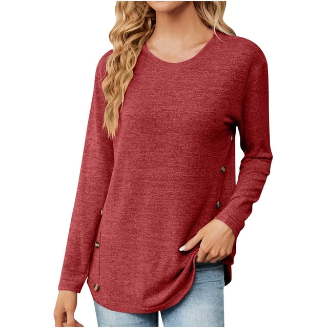 Yuyuzo Women Long Sleeve Tops Round Neck Shirts Button Side Loose Blouses Solid Color Tunic Top
