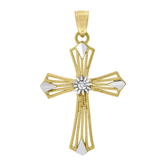 10kt Real Gold Two-Tone Diamond-Cut Unisex Cross Religious Charm Pendant